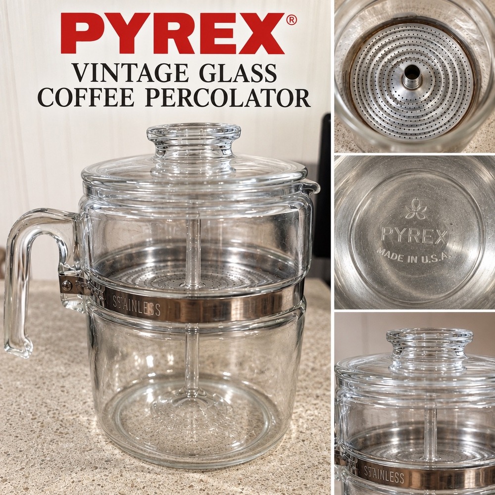 Vintage PYREX Glass Coffee Percolator Pot Made in USA Complete Stainless Parts